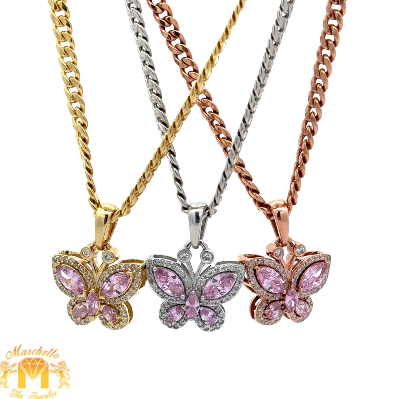 Gold and Diamond Butterfly Pendant and Gold Cuban Chain (choose your color)
