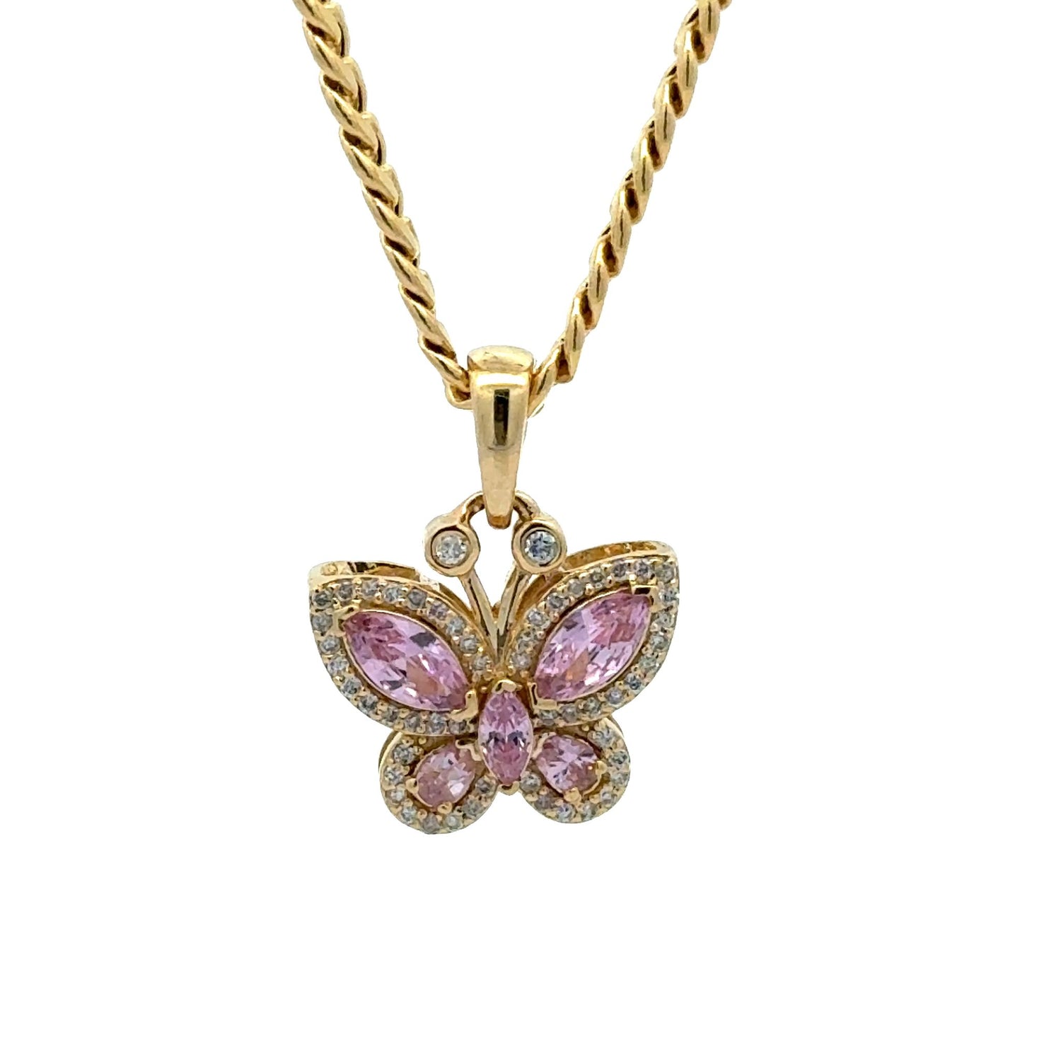 Gold and Diamond Butterfly Pendant and Gold Cuban Chain (choose your color)