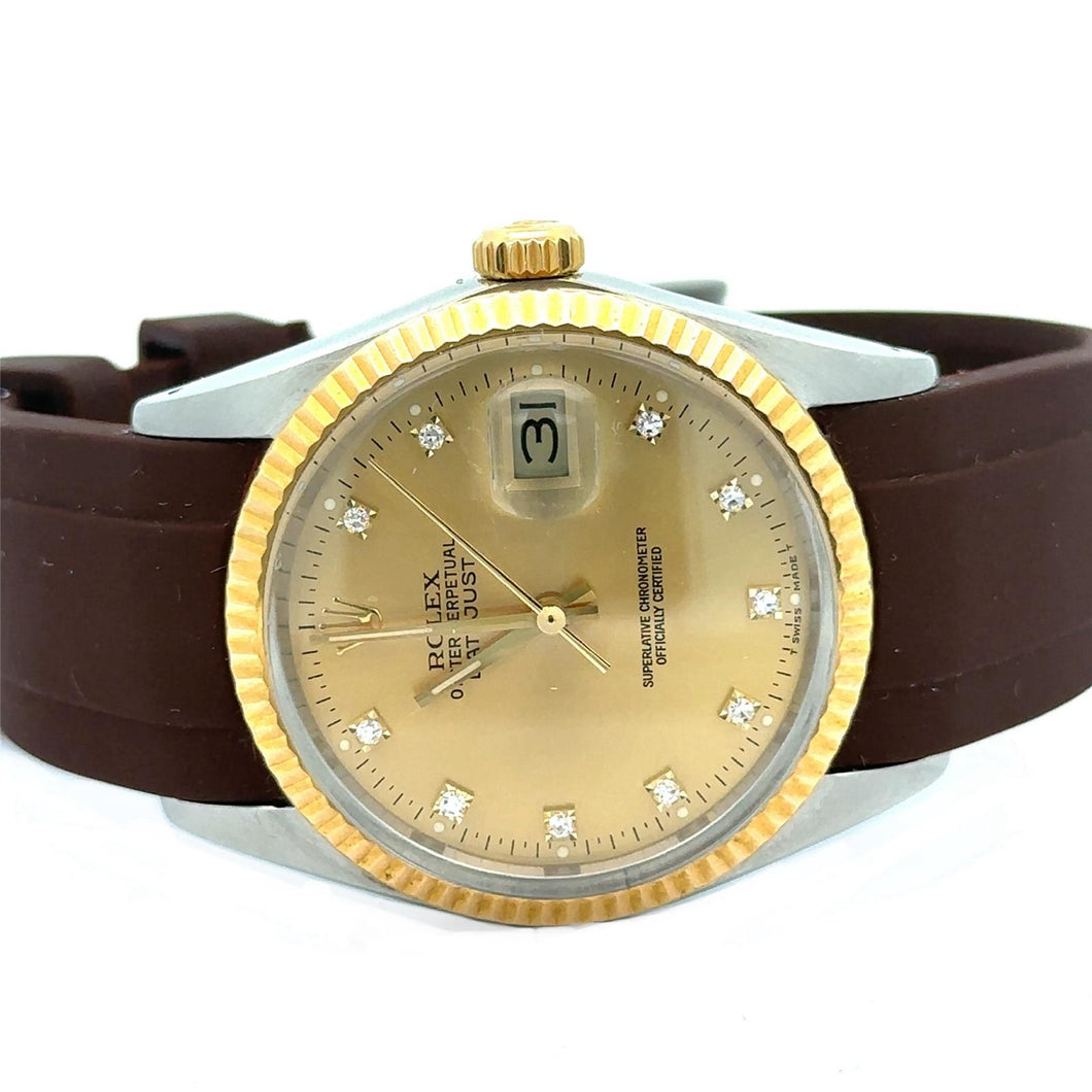 36mm Rolex Datejust Watch with Brown Rubber Band (factory dial)