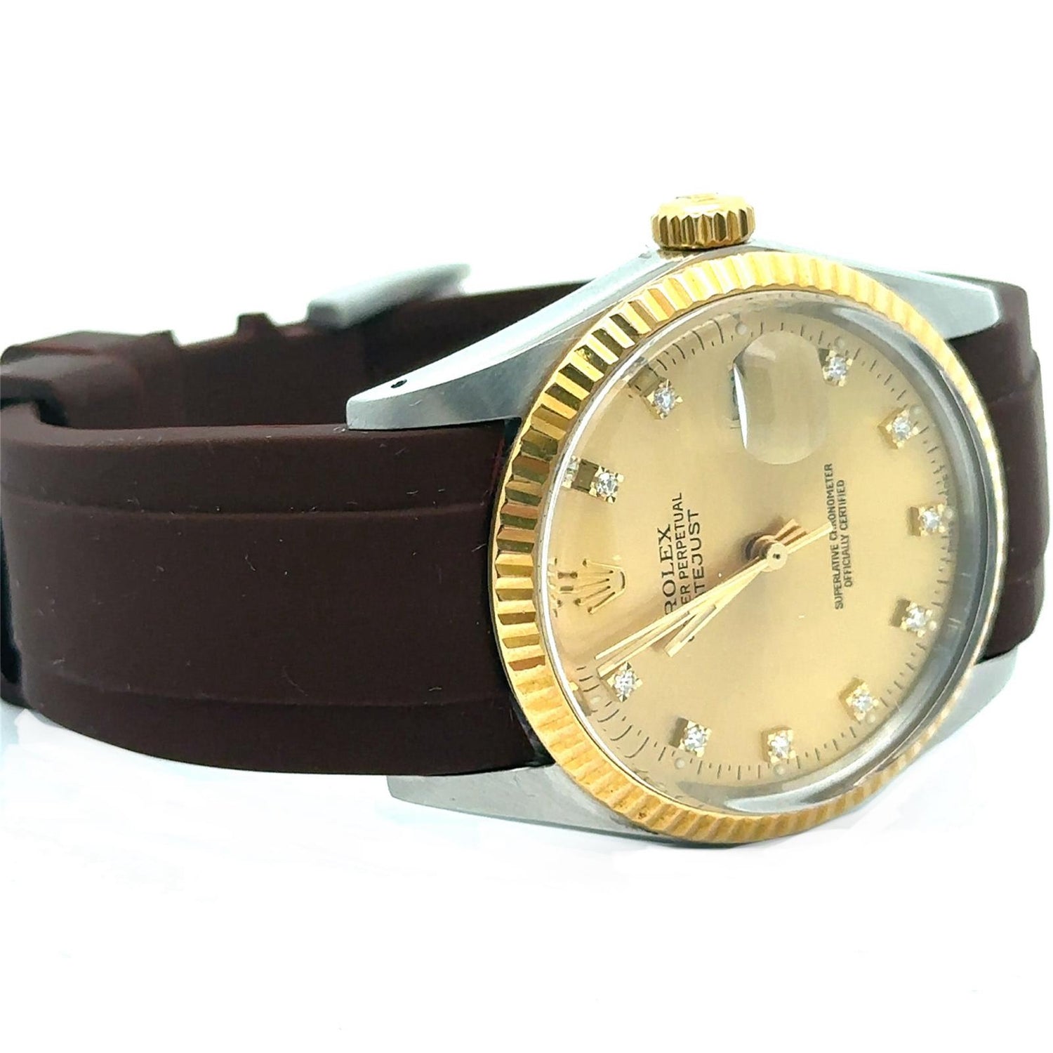 36mm Rolex Datejust Watch with Brown Rubber Band (factory dial)