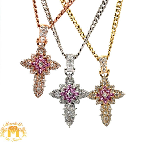 18k gold and diamond Cross Pendant and 14k gold Cuban chain (choose your color)