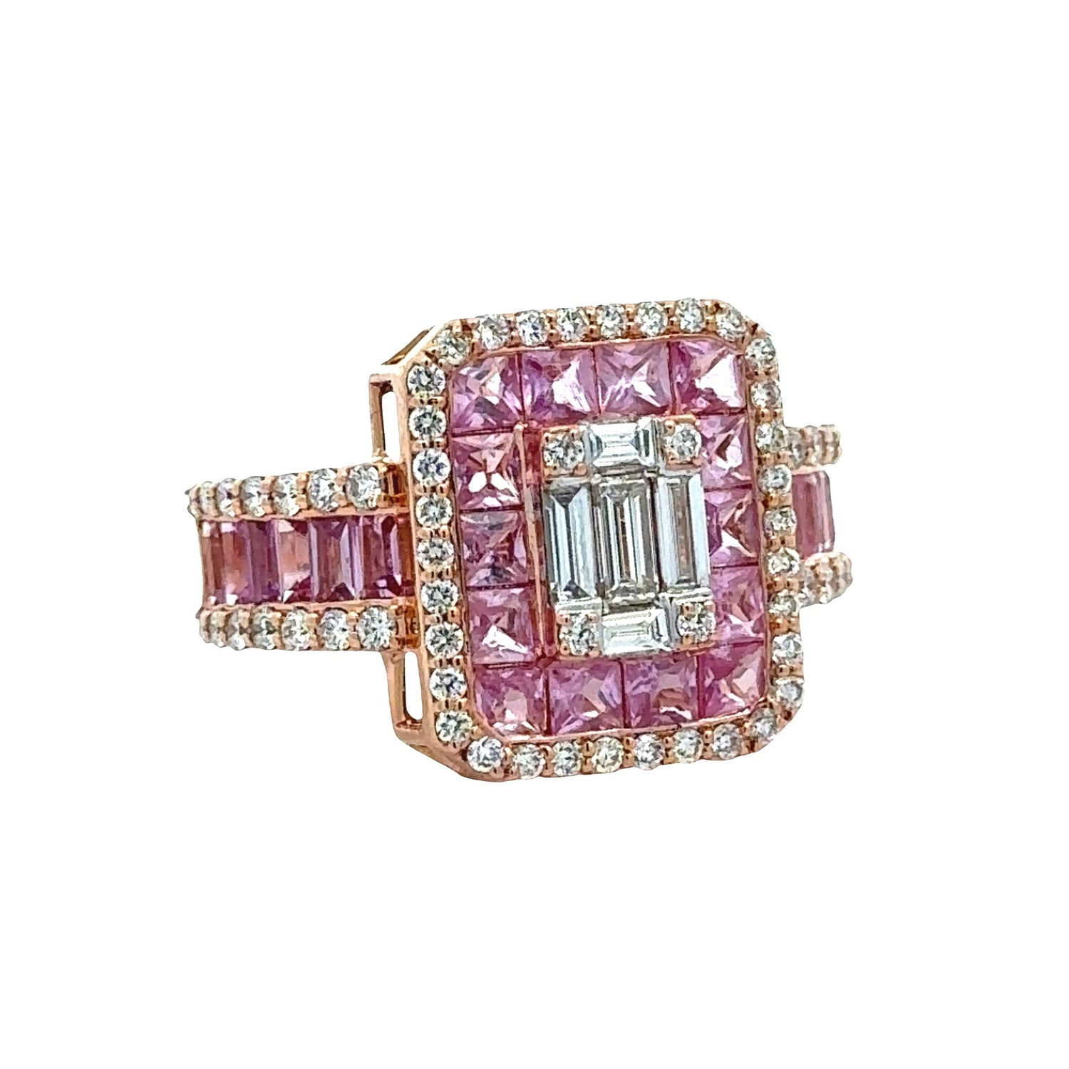 18k rose gold and diamond Ladies` Rings with round diamonds and pink sapphire