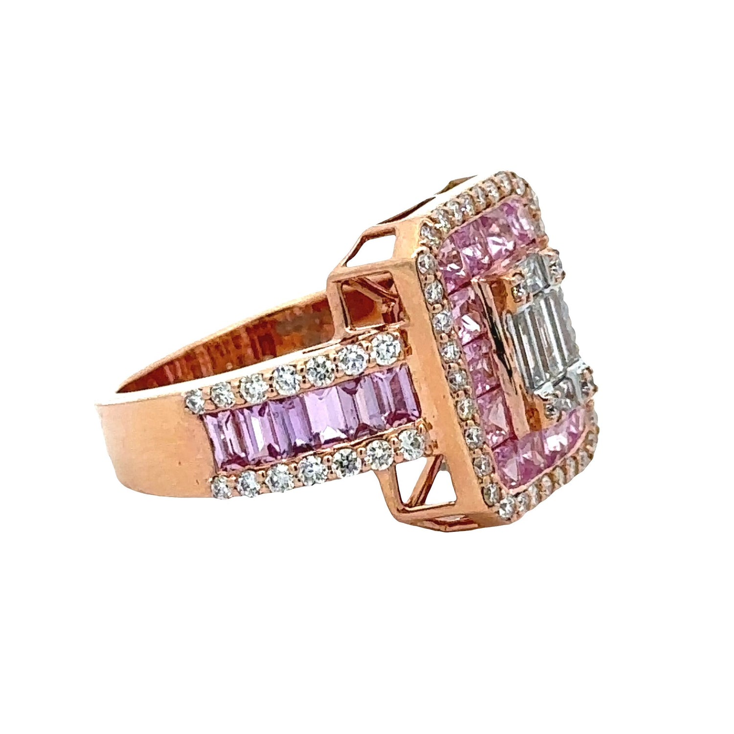 18k rose gold and diamond Ladies` Rings with round diamonds and pink sapphire