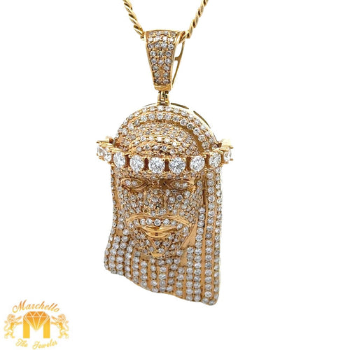14k Yellow Gold and Diamond Jesus Pendant and Yellow Gold Cuban Chain