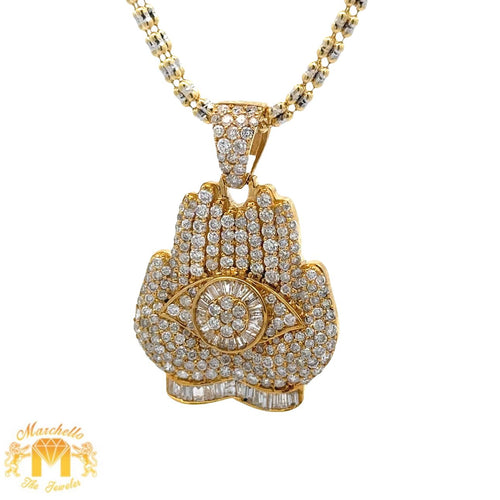 14k Yellow Gold and Diamond Praying Hand and Yellow Gold Ice Link Chain
