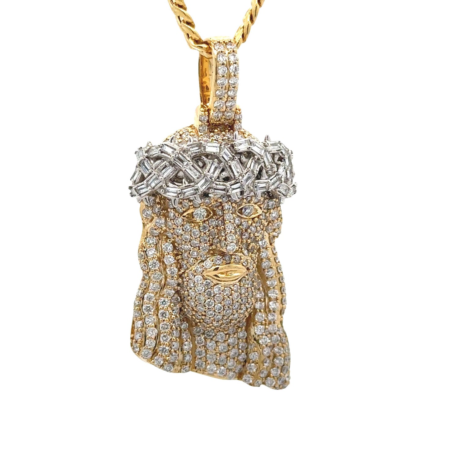 Yellow Gold and Diamond Jesus Pendant and Yellow Gold Cuban Chain