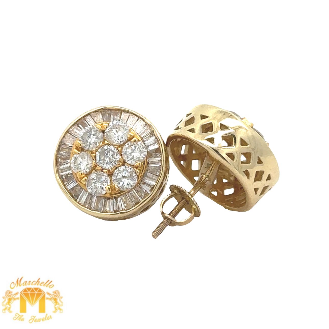 14k yellow gold and diamond Round Earrings with baguette and round diamonds
