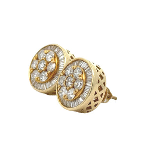 14k yellow gold and diamond Round Earrings with baguette and round diamonds