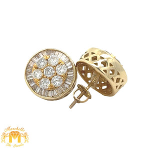 14k yellow gold and diamond Round Earrings with baguette and round diamonds