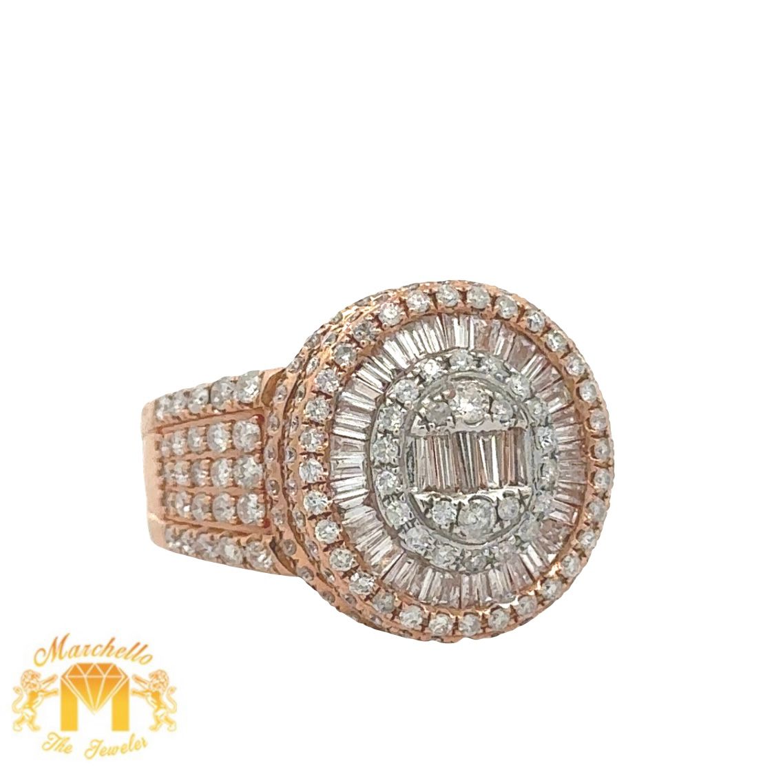 14k Rose Gold and Diamond Men`s Ring with Baguette and Round Diamonds
