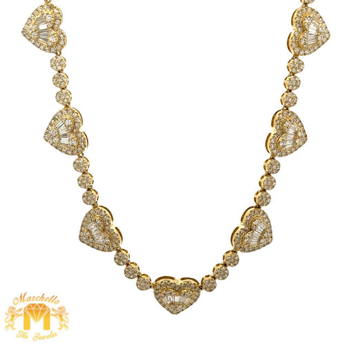 Yellow Gold and Diamond Heart Necklace with Baguette and Round Diamonds