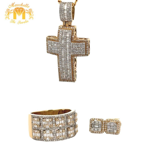 14k yellow gold and diamond Cross Pendant + Ring + Yellow Gold and Diamond Earrings + 14k Yellow Gold chain (Father`s Day Special)