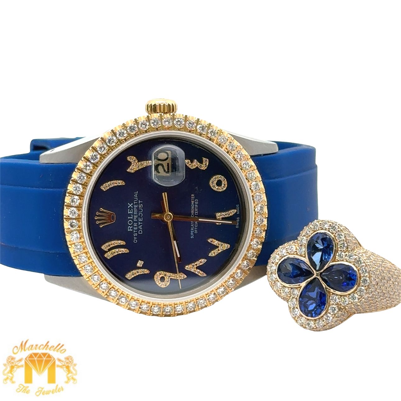 36mm Rolex Watch with Rubber Band + Yellow Gold and Diamond Ring