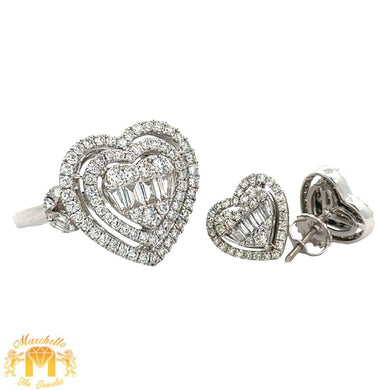 18k White Gold and Diamond Heart Ring + 14k White Gold and Diamond Heart Earrings