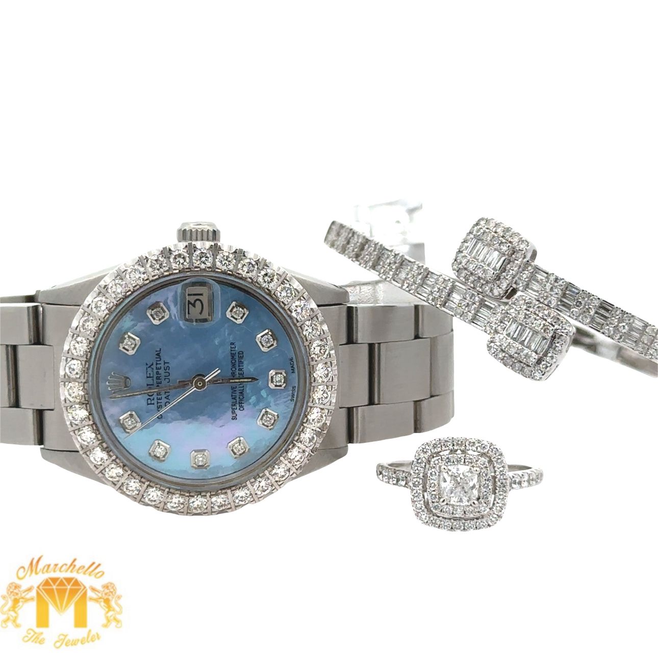 31mm Rolex Watch with Stainless Steel Oyster Band + White Gold and Diamond Twin Square Bangle + 14k White Gold and Diamond Halo Ring