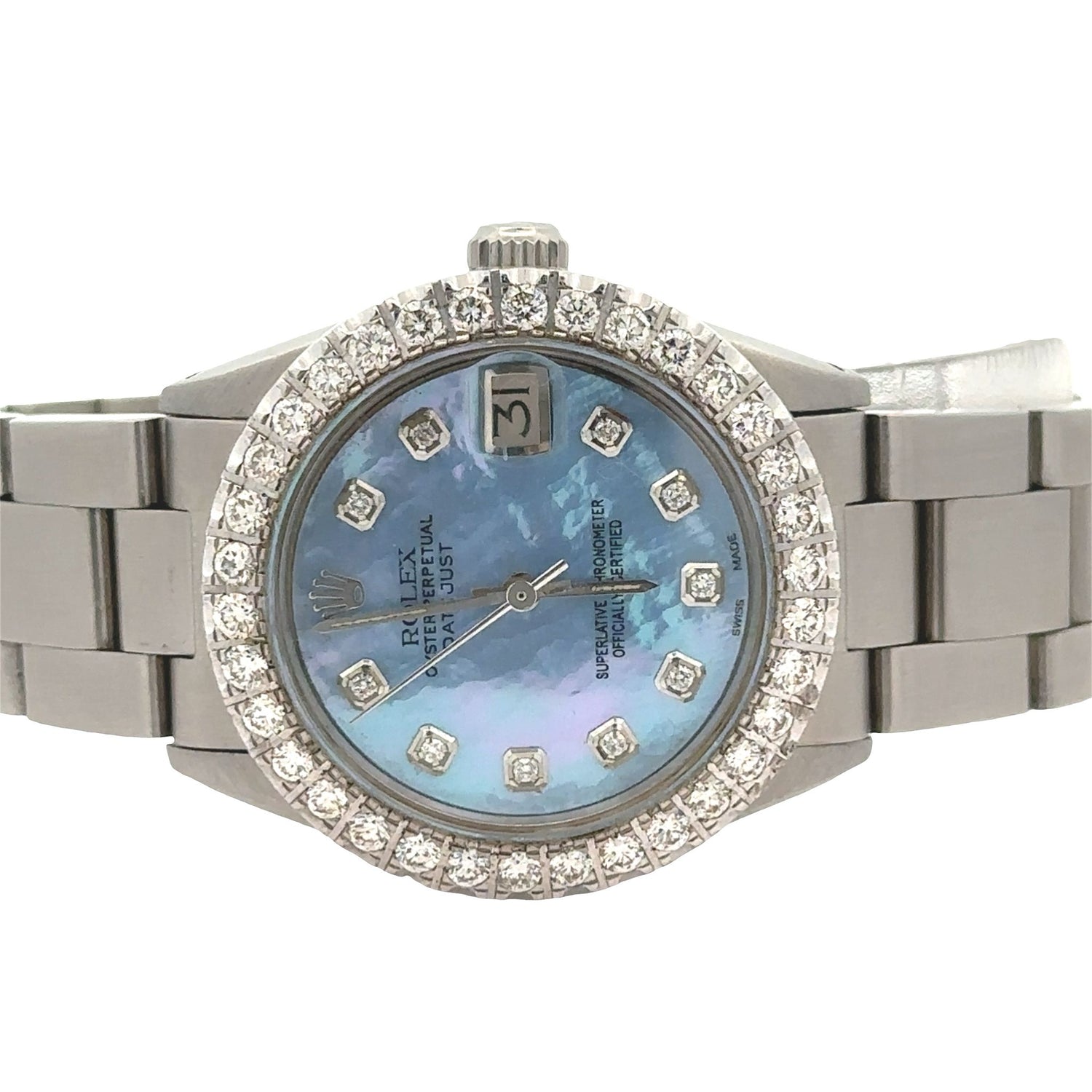 31mm Rolex Watch with Stainless Steel Oyster Band + White Gold and Diamond Twin Square Bangle + 14k White Gold and Diamond Halo Ring