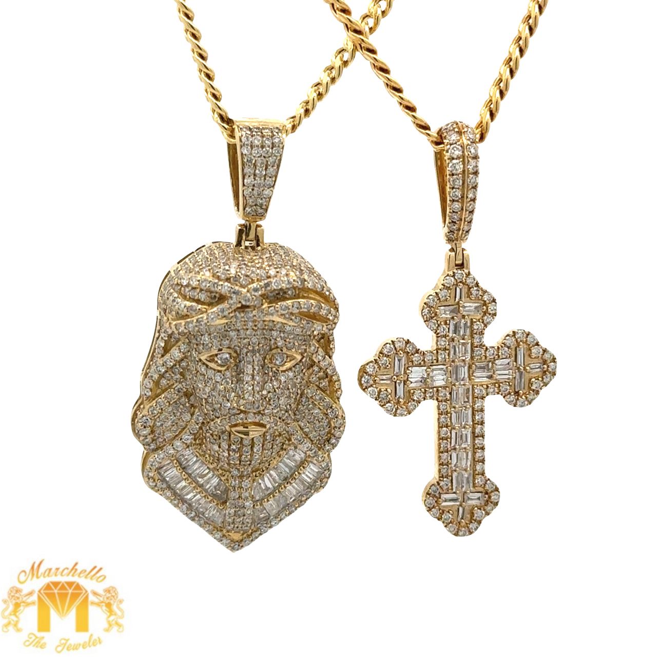 Yellow Gold and Diamond Jesus Head Pendant + 14k Yellow Gold and Diamond Cross Pendant + Yellow Gold Cuban 2 Chains