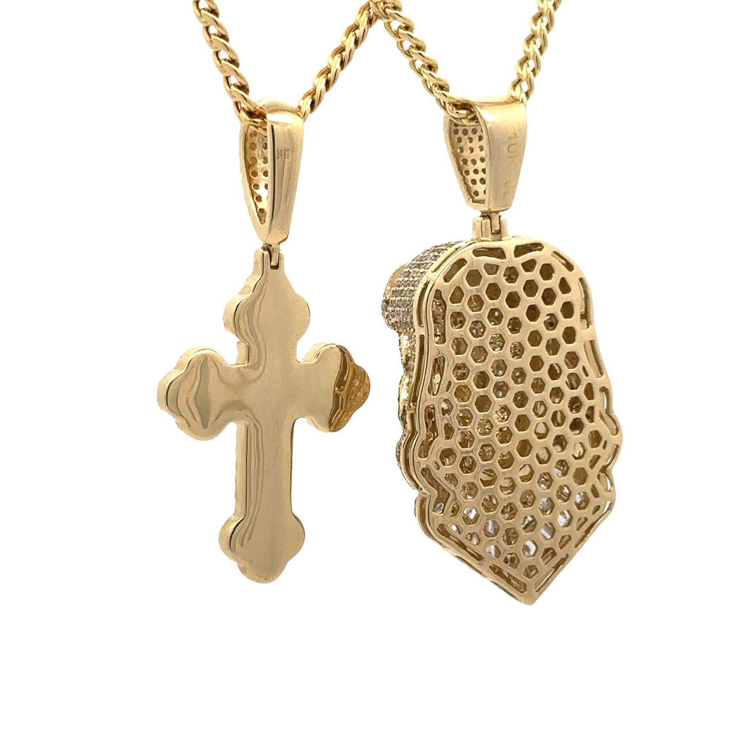Yellow Gold and Diamond Jesus Head Pendant + 14k Yellow Gold and Diamond Cross Pendant + Yellow Gold Cuban 2 Chains
