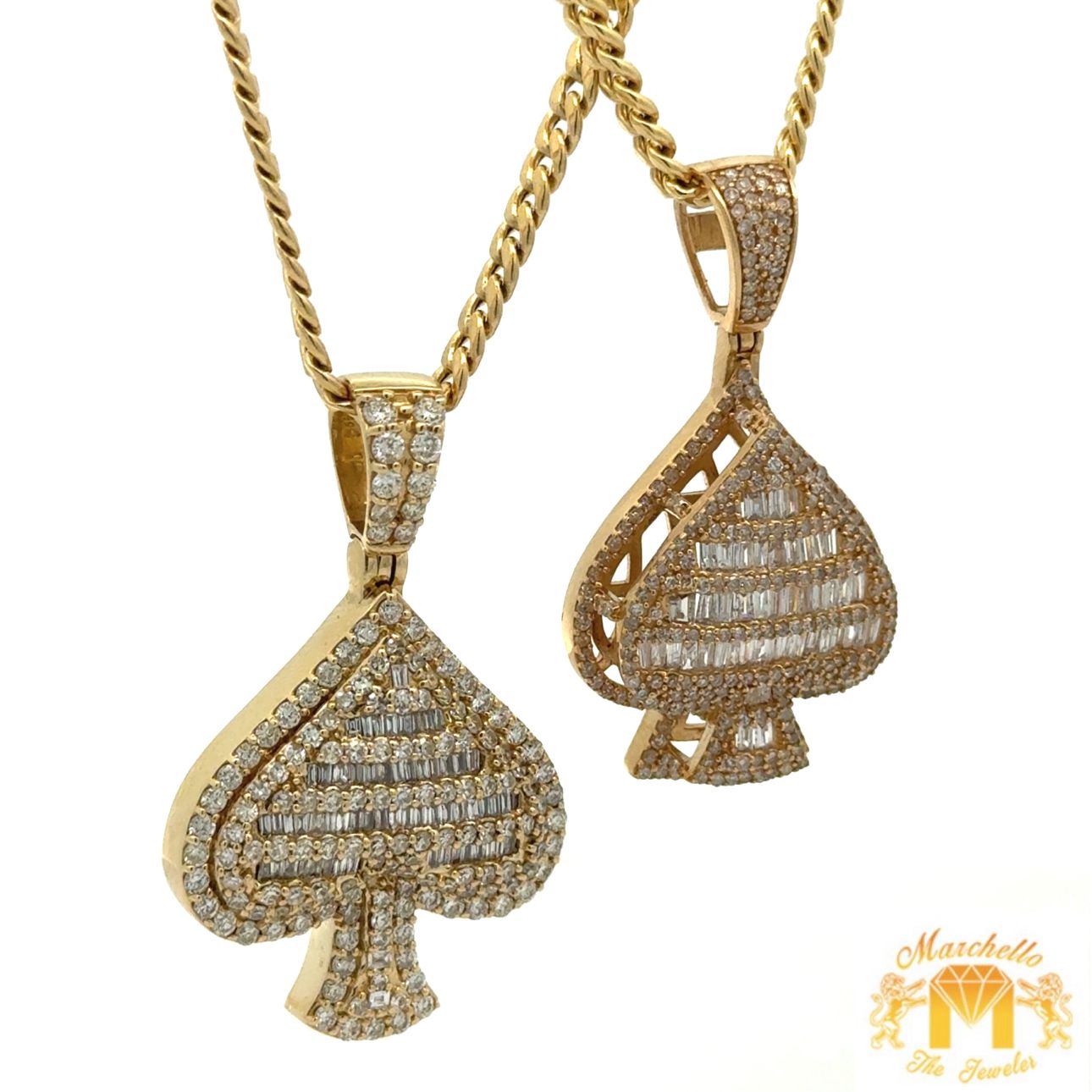 14k Gold Ace of Spades Diamond 2 Pendants + Yellow Gold Cuban 2 Chains