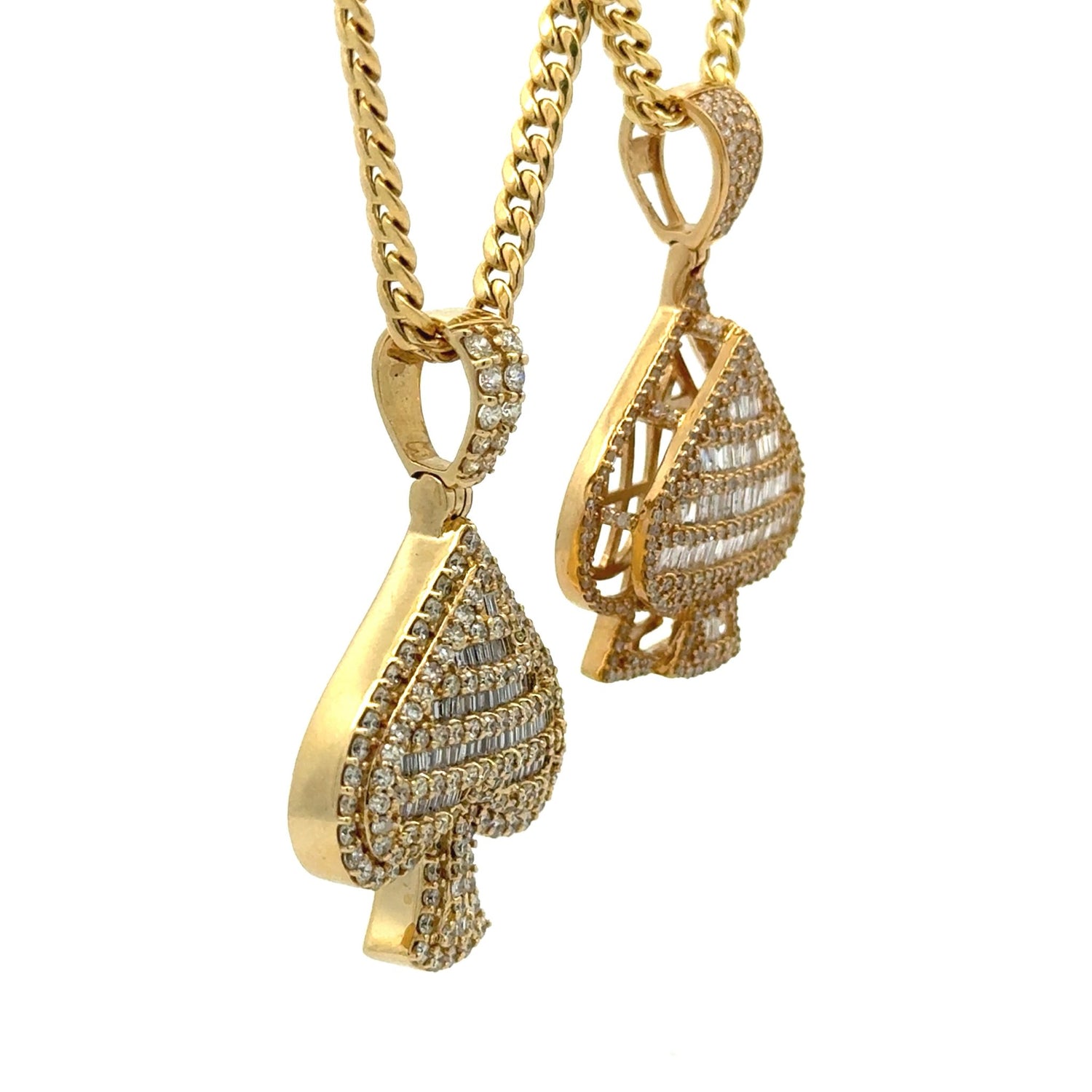 14k Gold Ace of Spades Diamond 2 Pendants + Yellow Gold Cuban 2 Chains