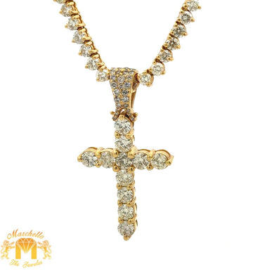 14k Yellow Gold Cross Pendant & Diamond Tennis Chain | 15.76ct Natural Diamonds | Free Earrings