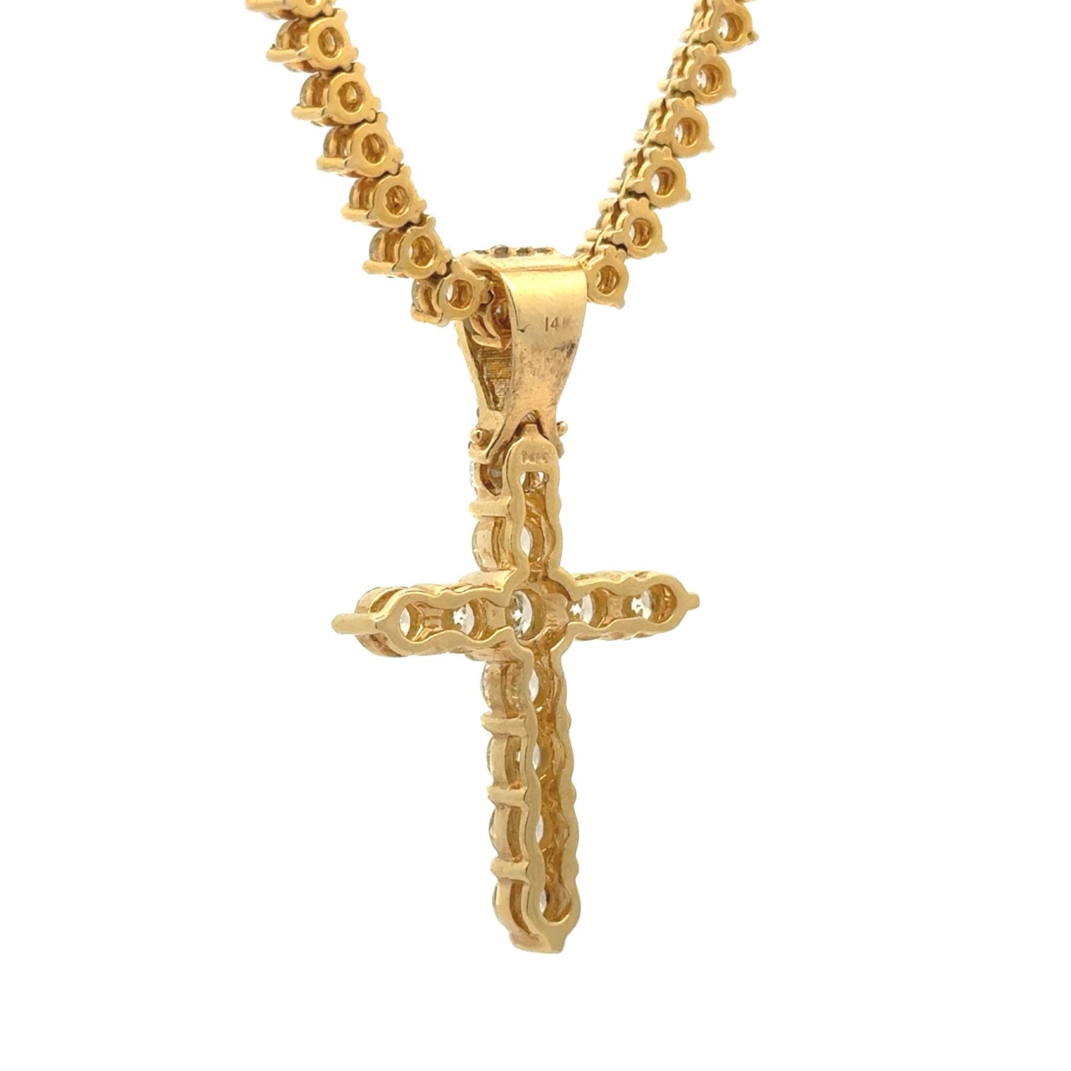 14k Yellow Gold Cross Pendant & Diamond Tennis Chain | 15.76ct Natural Diamonds | Free Earrings