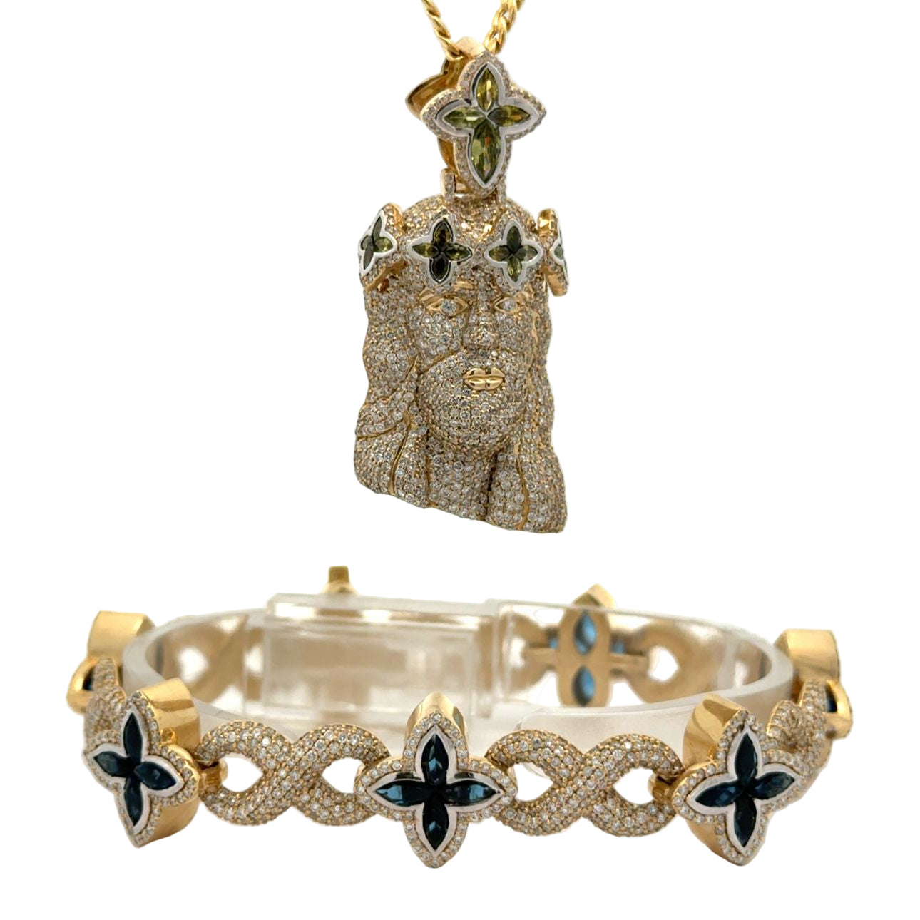Yellow Gold and Diamond Jesus Head Pendant approx. 2.60ct + Bracelet approx. 6.90ct | 5 Piece Jewelry Set