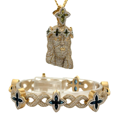 Yellow Gold and Diamond Jesus Head Pendant approx. 2.60ct + Bracelet approx. 6.90ct | 5 Piece Jewelry Set
