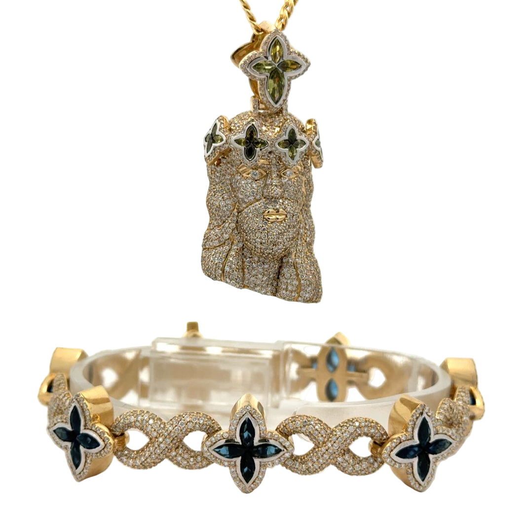Yellow Gold and Diamond Jesus Head Pendant approx. 2.60ct + Bracelet approx. 6.90ct | 5 Piece Jewelry Set