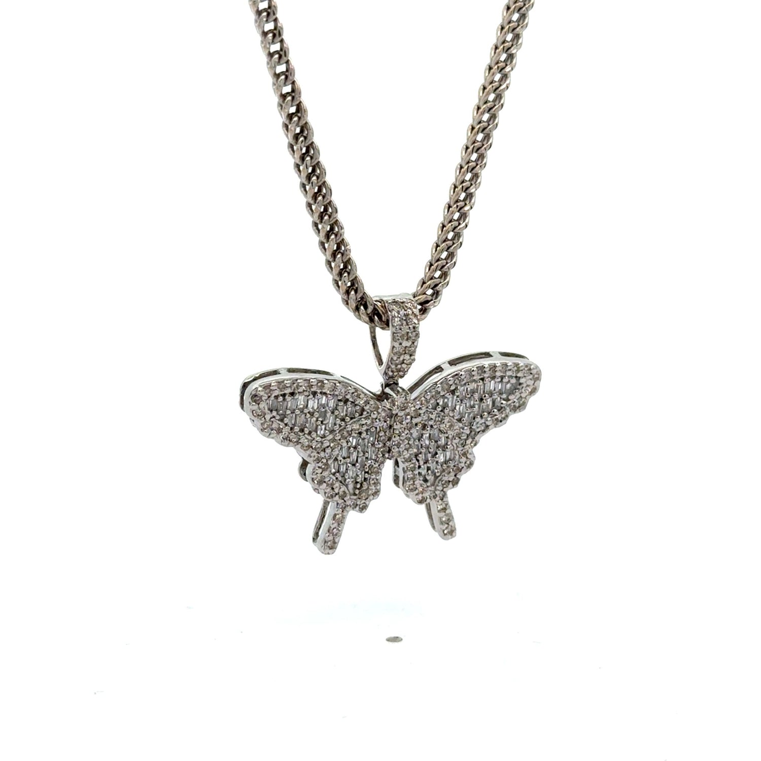 White Gold & Diamond Butterfly Pendant, Earrings & Franco Chain – 4-Piece Jewelry Set