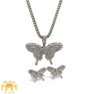 White Gold & Diamond Butterfly Pendant, Earrings & Franco Chain – 4-Piece Jewelry Set