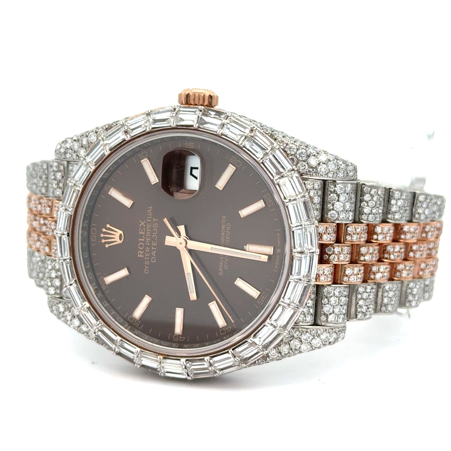 41mm Iced Out Rolex Datejust Watch with Two-Tone Jubilee Band + 14K Rose Gold Diamond Ring – 4-Piece Luxury Jewelry Set