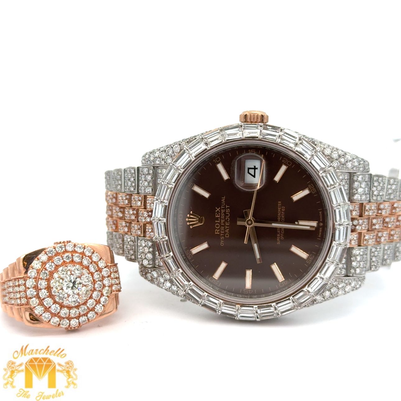41mm Iced Out Rolex Datejust Watch with Two-Tone Jubilee Band + 14K Rose Gold Diamond Ring – 4-Piece Luxury Jewelry Set