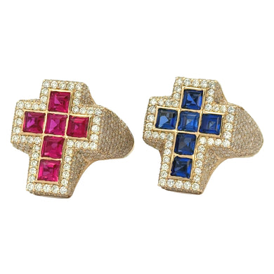 Yellow Gold Diamond Cross Ring – Multicolored Stones (choose your color)