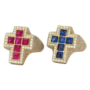 Yellow Gold Diamond Cross Ring – Multicolored Stones (choose your color)