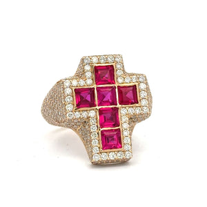Yellow Gold Diamond Cross Ring – Multicolored Stones (choose your color)