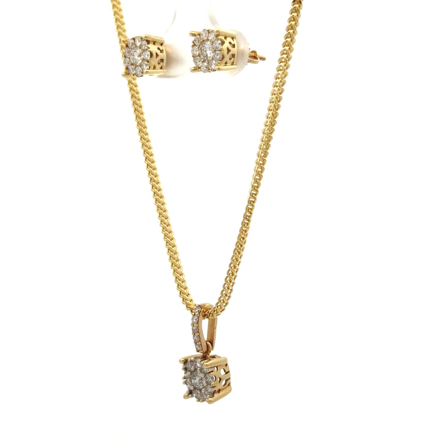 14k Yellow Gold and Diamond Pendant + Earrings + 14k Gold Chain