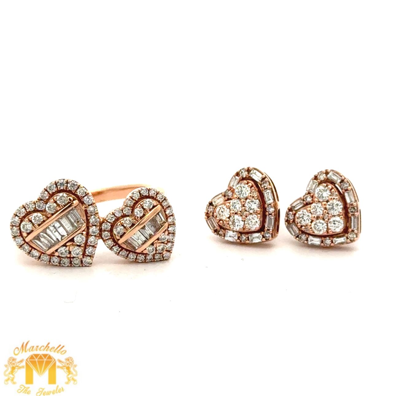 14k Rose Gold and Diamond Heart Earrings + Twin Heart Ring