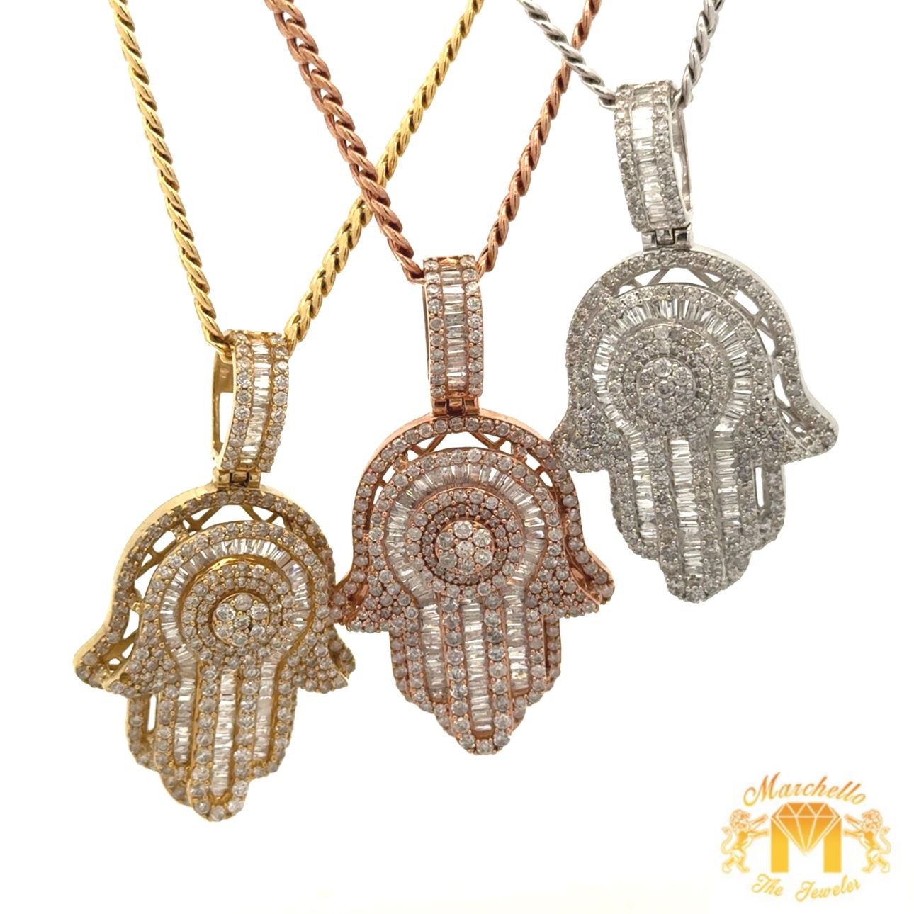 Gold and Diamond Hamsa Pendant + Gold Cuban Link Chain (choose your color)