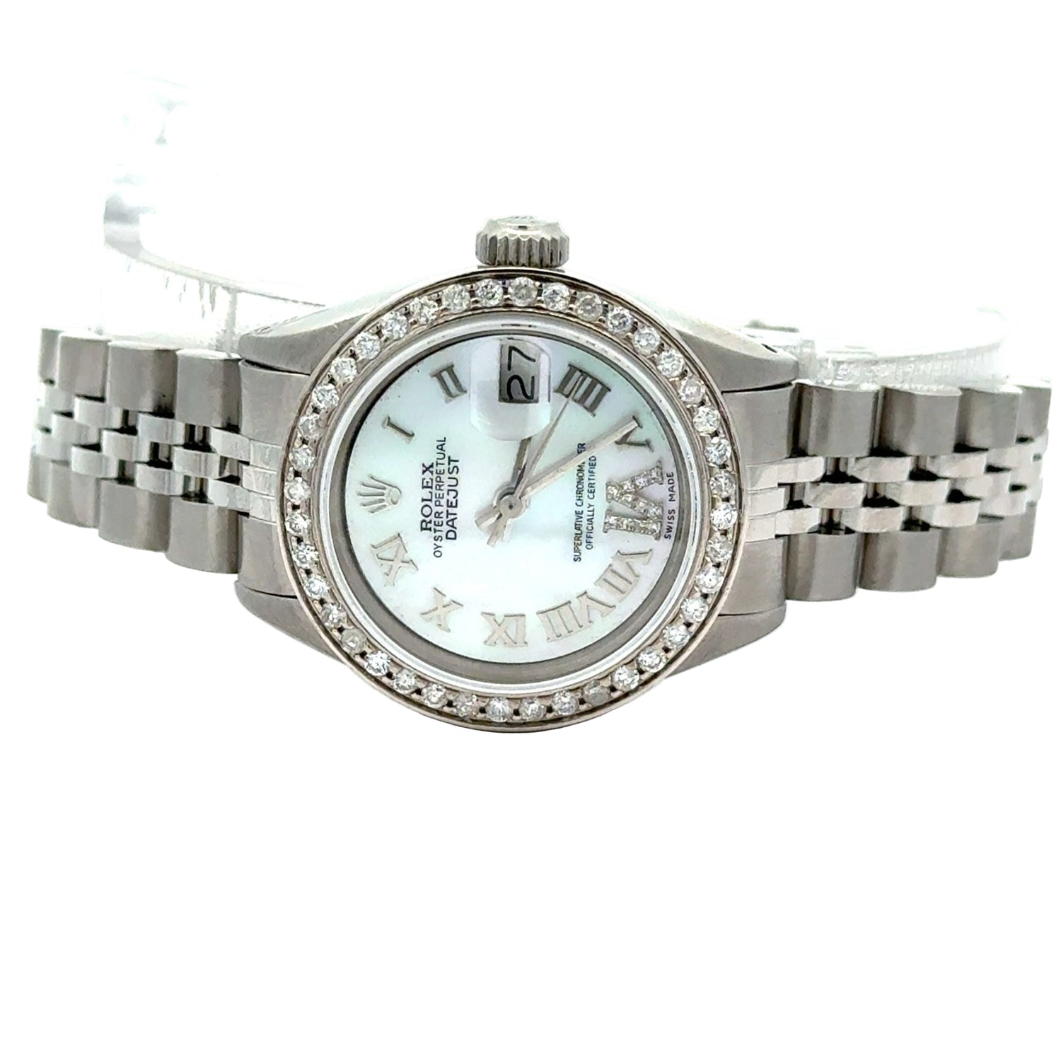 26mm Rolex Watch with Stainless Steel Jubilee Band + White Gold and Diamond Heart Bangle
