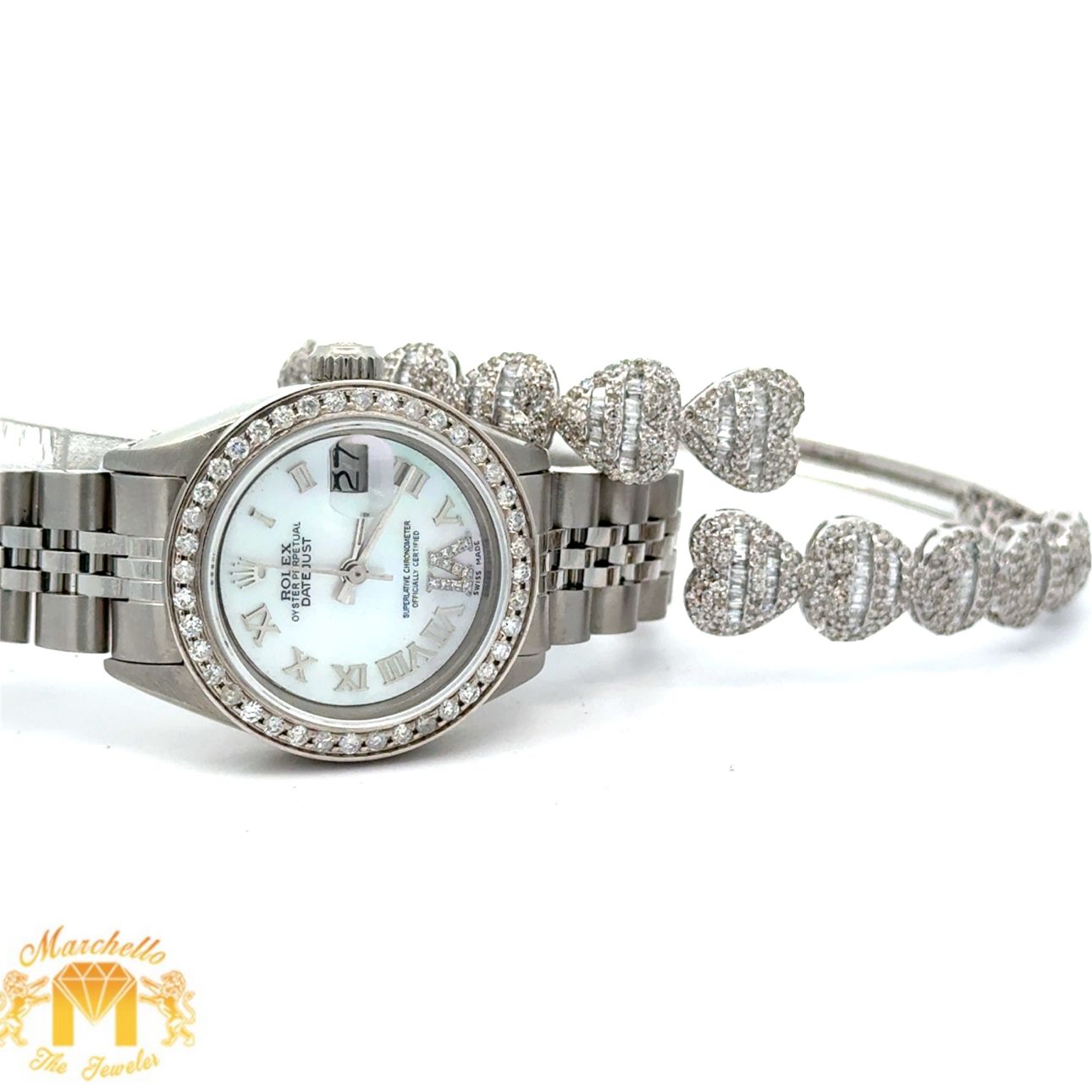26mm Rolex Watch with Stainless Steel Jubilee Band + White Gold and Diamond Heart Bangle
