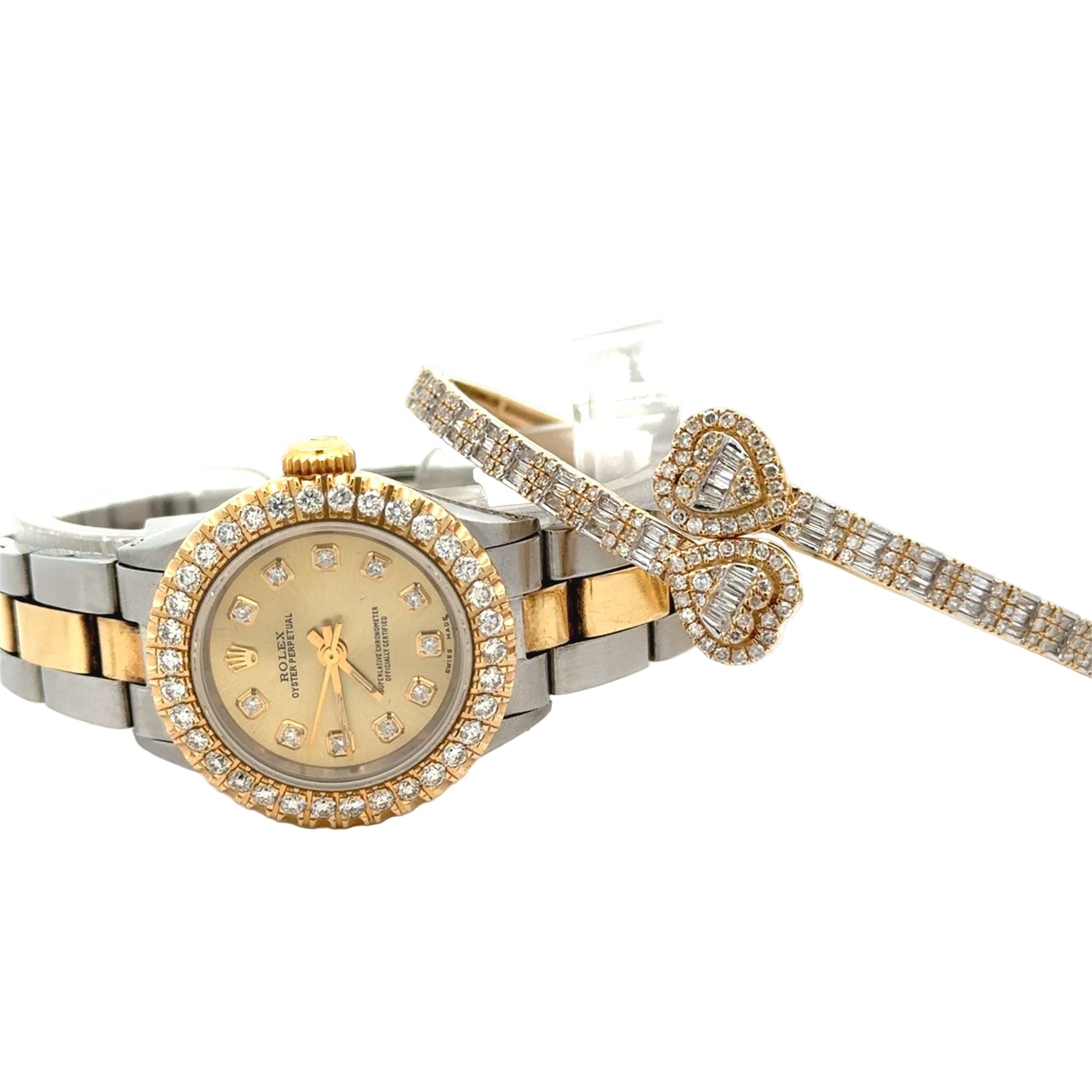 24mm Rolex Watch with two-tone oyster band + Yellow Gold and Diamond Twin Heart Bangle