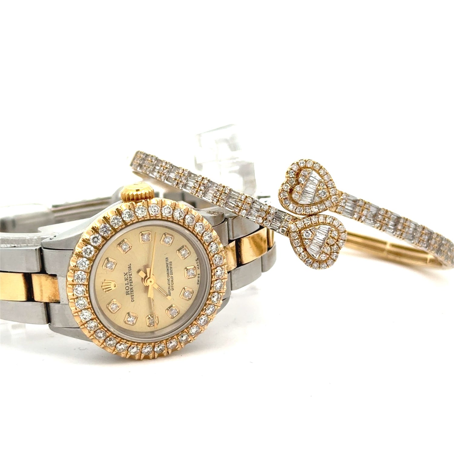24mm Rolex Watch with two-tone oyster band + Yellow Gold and Diamond Twin Heart Bangle