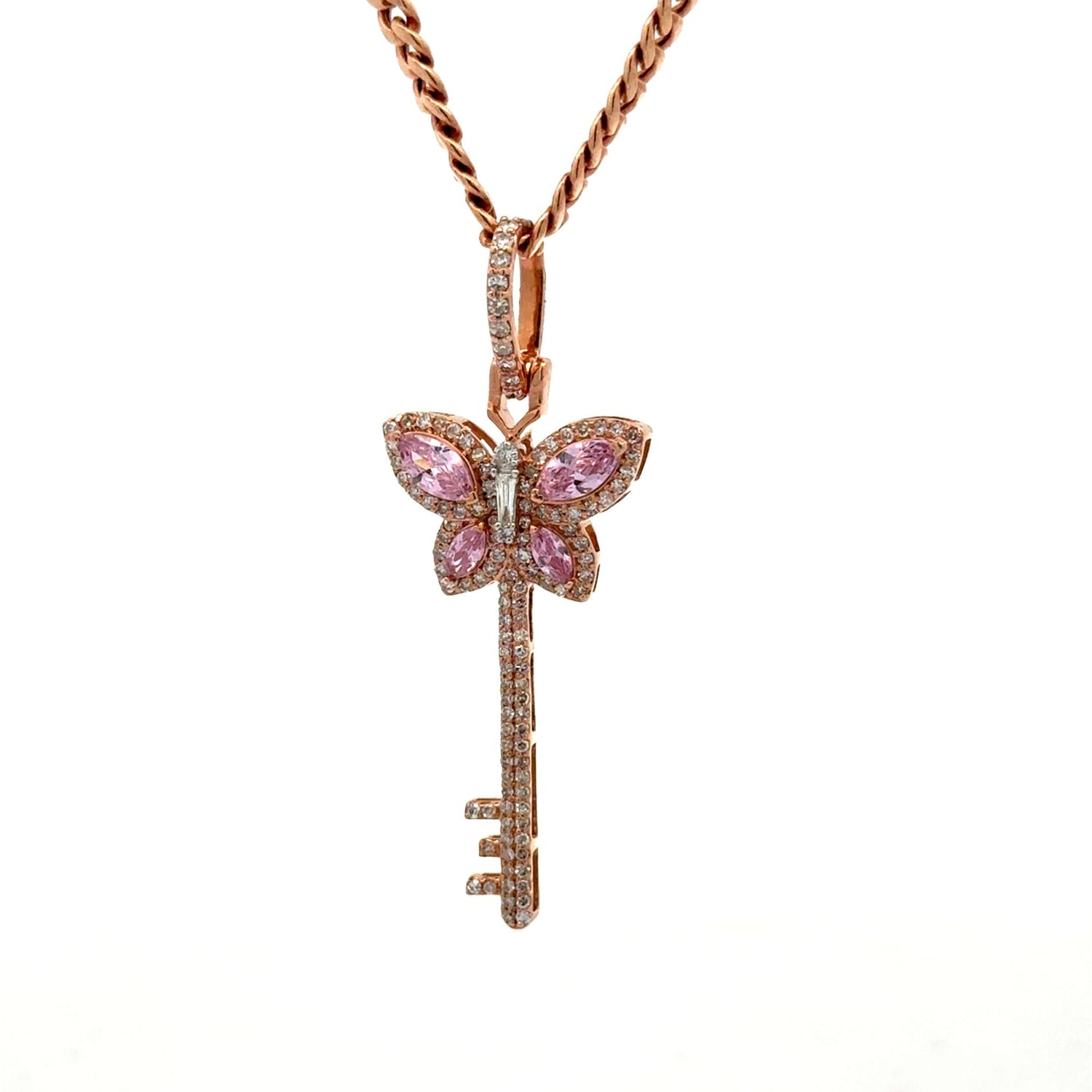 Gold and Diamond Key & Butterfly Pendant + Gold Cuban chain (choose your color)