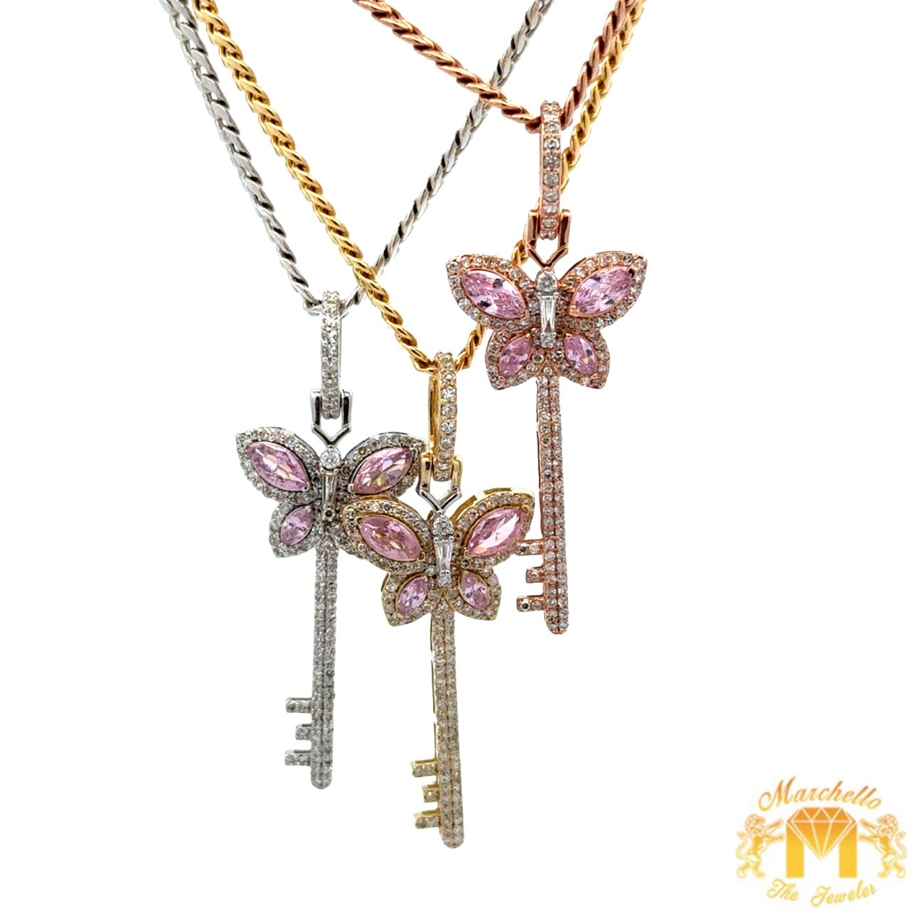 Gold and Diamond Key & Butterfly Pendant + Gold Cuban chain (choose your color)