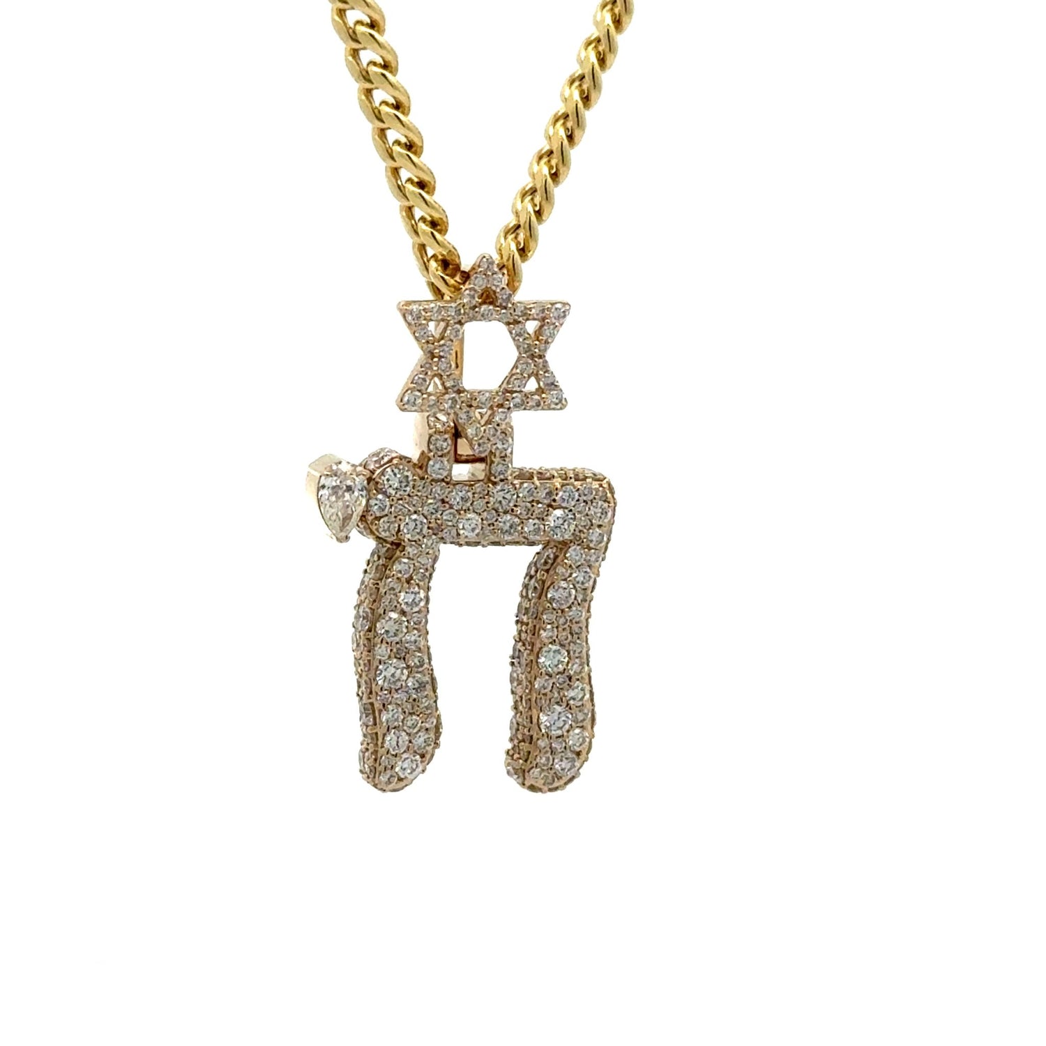 14k gold and diamond Star Of David With Chai Pendant + Gold Cuban Chain (NEW ARRIVAL)