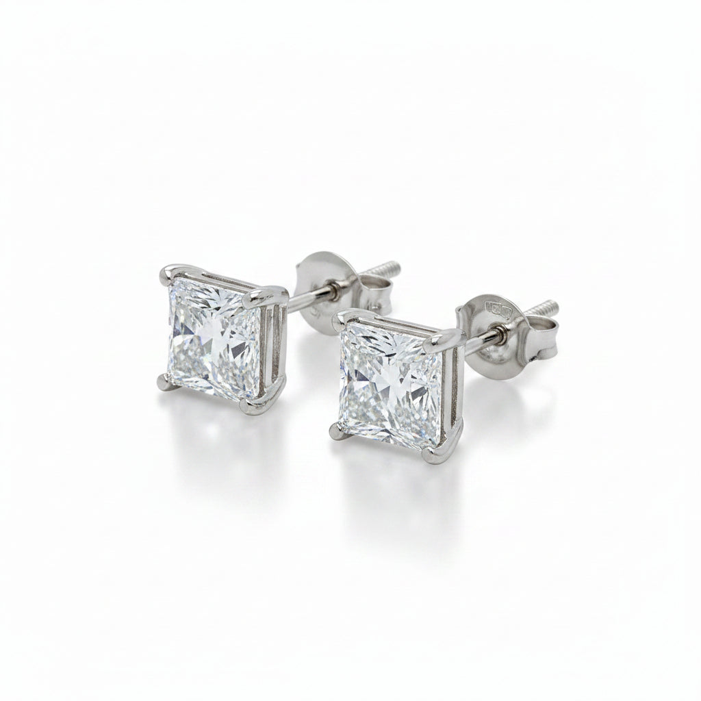 14k white gold lab princess cut stud earrings