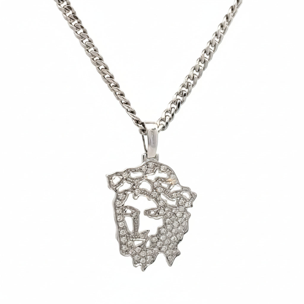 14k white gold and natural diamond Jesus Head pendant and White gold Cuban chain