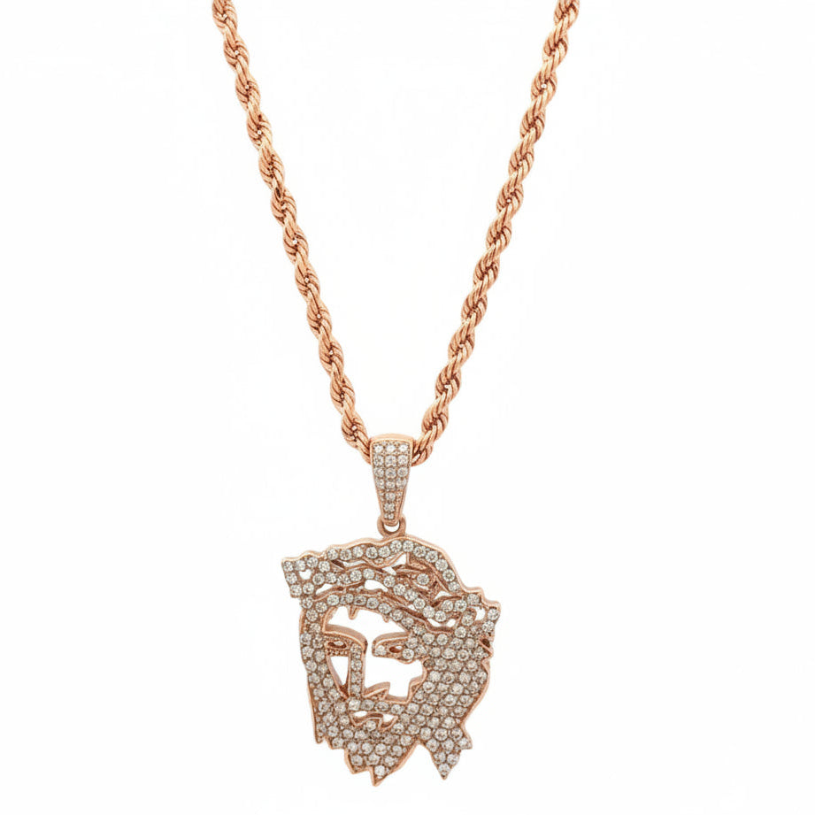 14k rose gold and natural diamonds Jesus head pendant and Rose gold rope chain.
