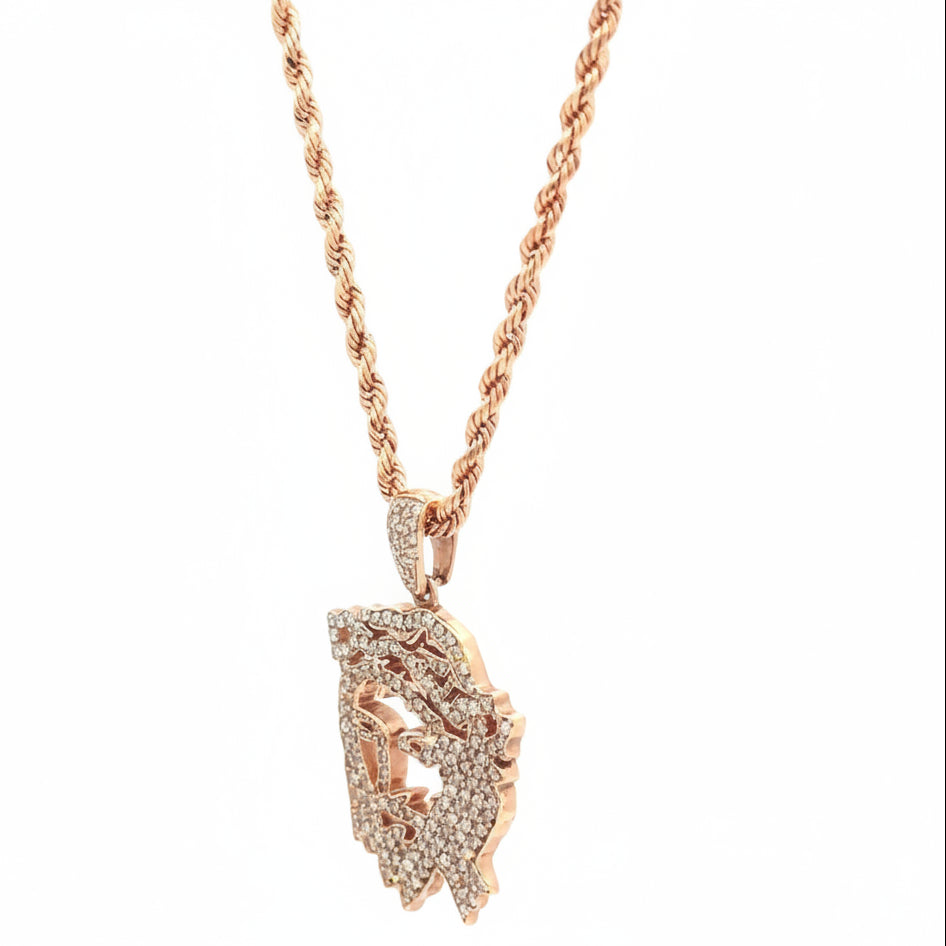 14k rose gold and natural diamonds Jesus head pendant and Rose gold rope chain.